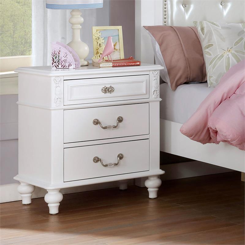 Furniture of America Mondu Traditional Wood Kids Nightstand with USB in White