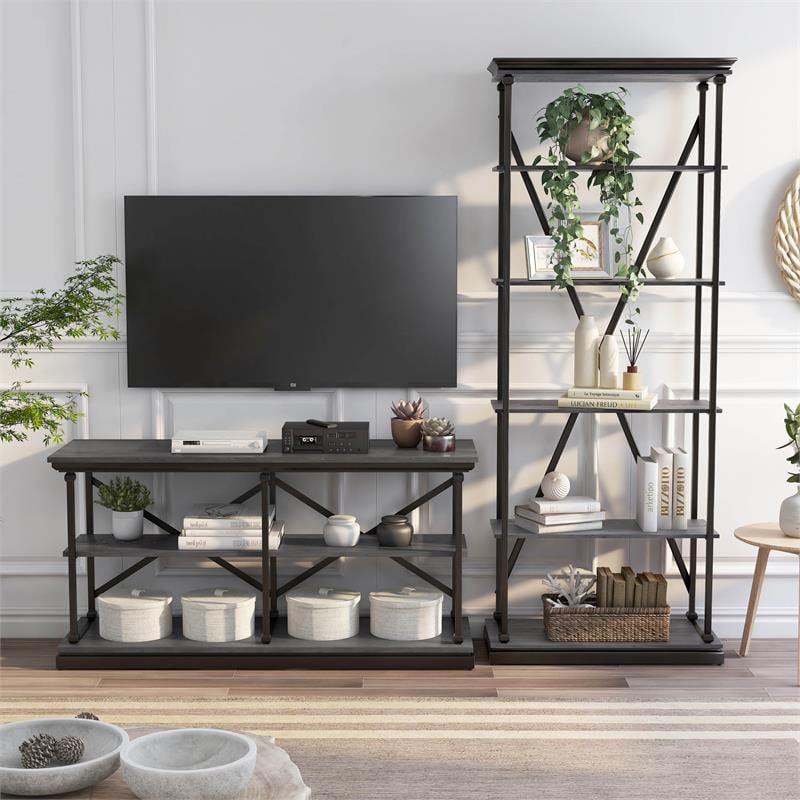 Furniture of America Drewden Metal 2pc Console Table and Bookcase Set in Gray