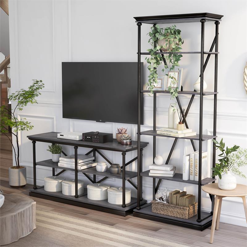 Furniture of America Drewden Metal 2pc Console Table and Bookcase Set in Gray