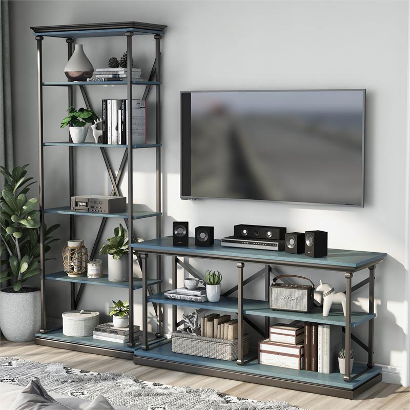 Furniture of America Drewden Metal 2pc Console Table and Bookcase Set in Blue