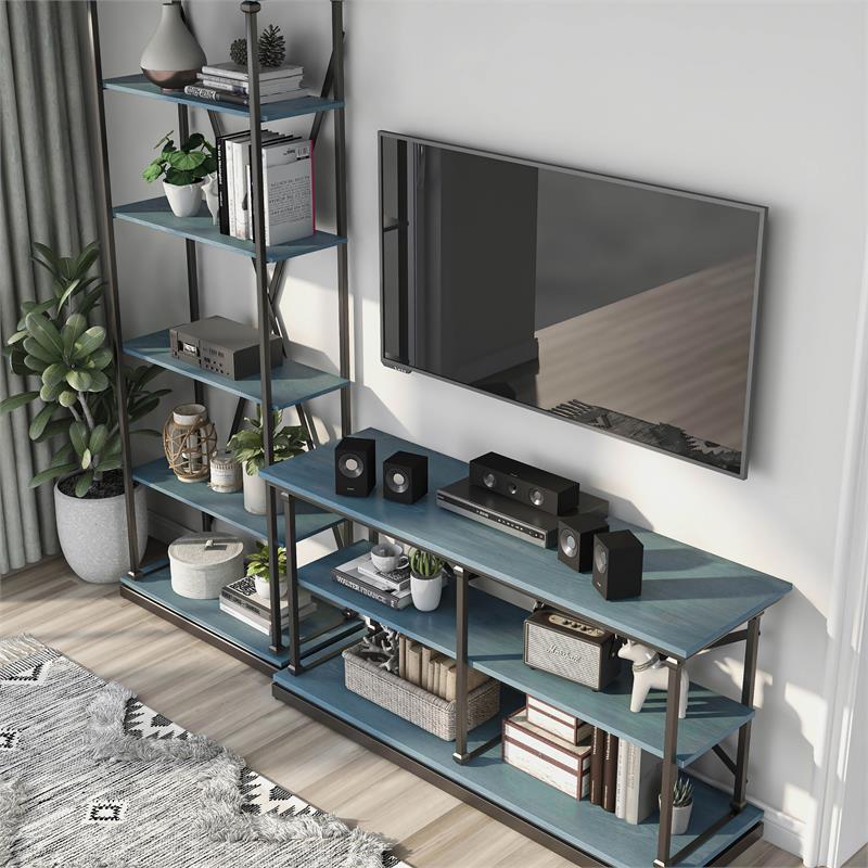 Furniture of America Drewden Metal 2pc Console Table and Bookcase Set in Blue