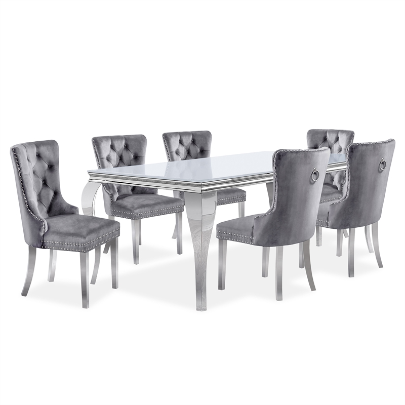 Furniture of America Edi Metal 7-Piece Dining Table Set in White and Gray