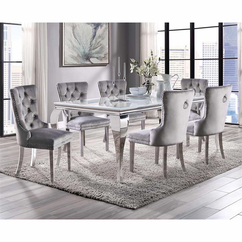 Furniture of America Edi Metal 7-Piece Dining Table Set in White and Gray