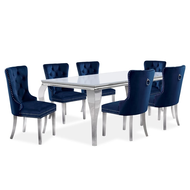 Furniture of America Edi Metal 7-Piece Dining Table Set in White and Blue