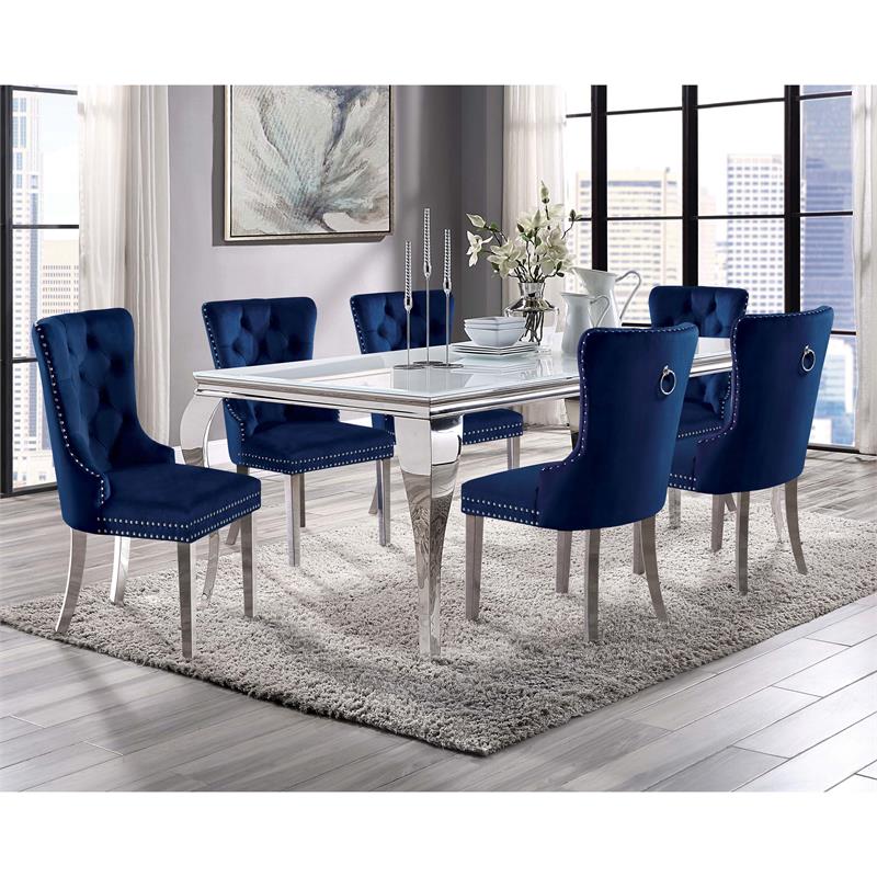 Furniture of America Edi Metal 7-Piece Dining Table Set in White and Blue