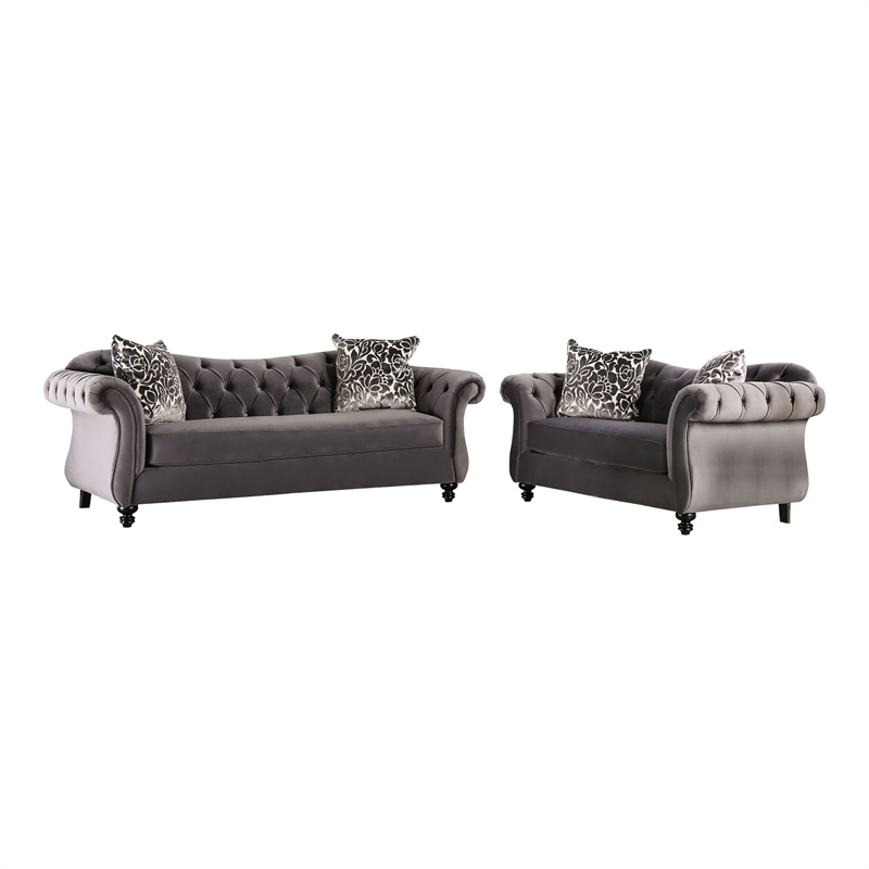 Furniture of America Luo Glam Fabric Tufted 2-Piece Sofa Set in Gray