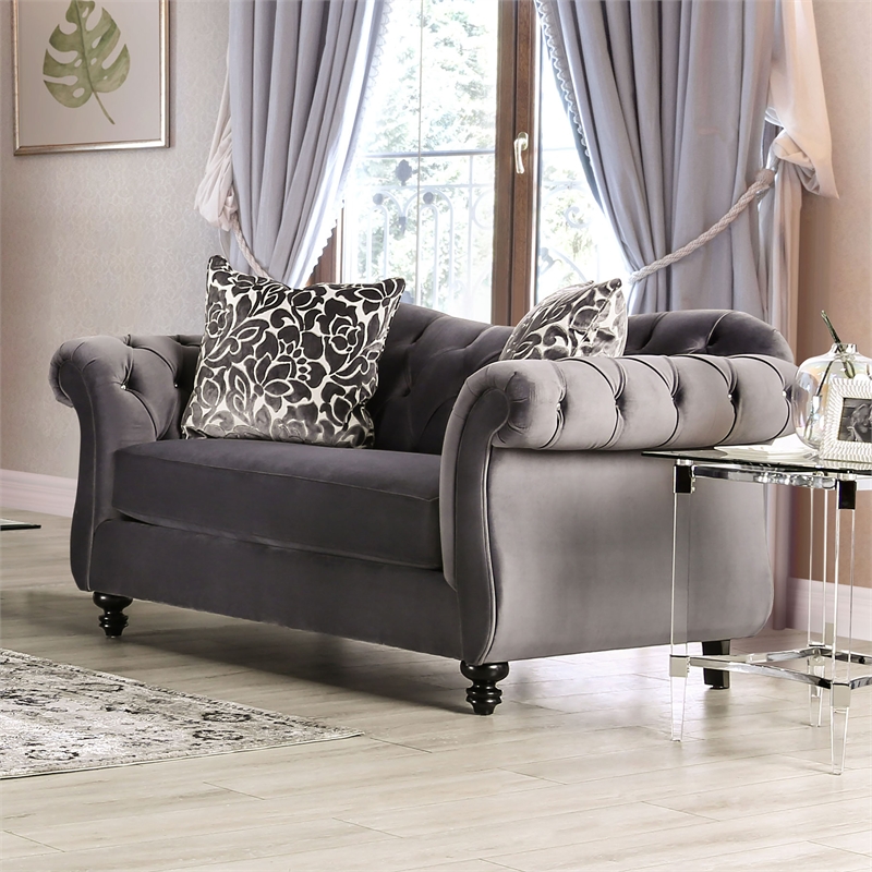 Furniture of America Luo Glam Fabric Tufted Loveseat with Pillow in Gray