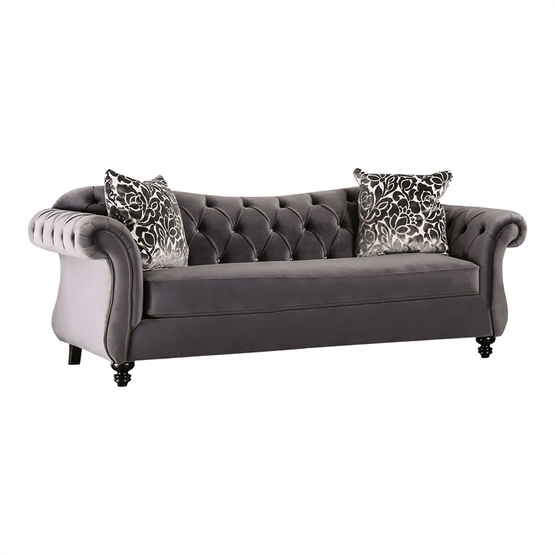 Furniture of America Luo Glam Fabric Tufted Sofa with Pillow in Gray
