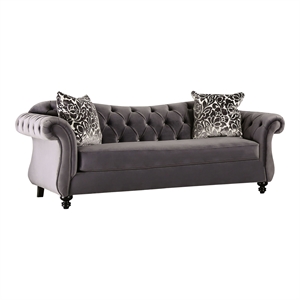 Furniture of America Luo Glam Fabric Tufted Sofa with Pillow in Gray