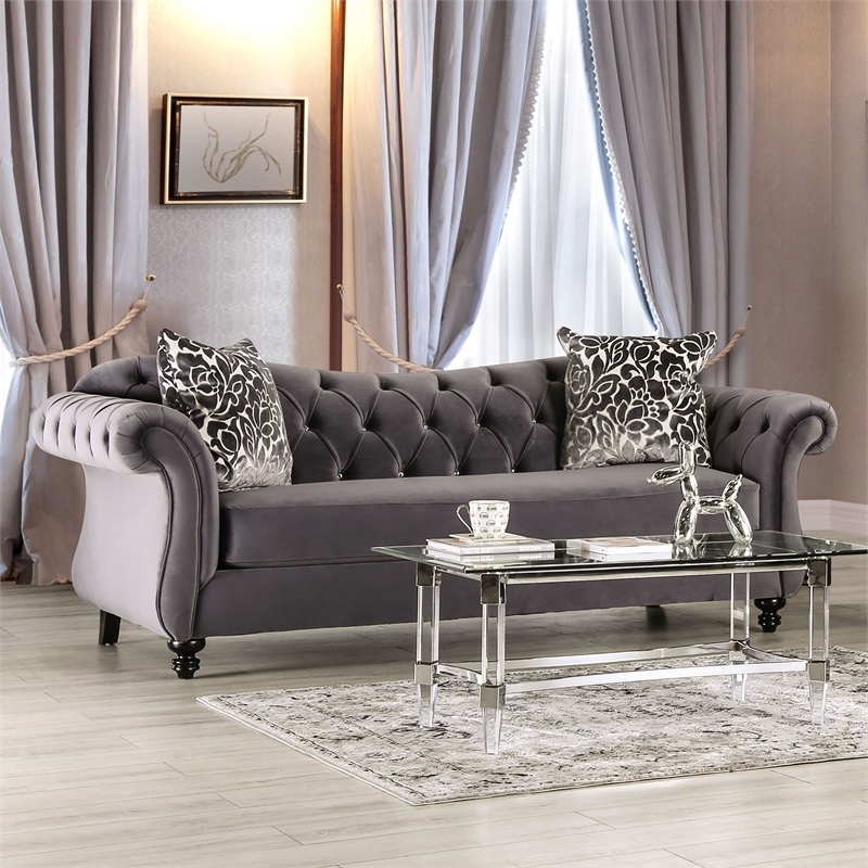 Furniture of America Luo Glam Fabric Tufted Sofa with Pillow in Gray
