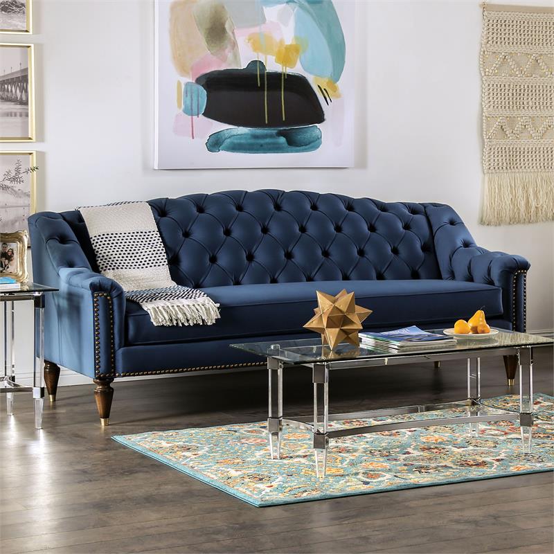 Furniture of America Tidi Transitional Fabric Tufted 2 Piece Sofa Set in Blue BushFurnitureCollection