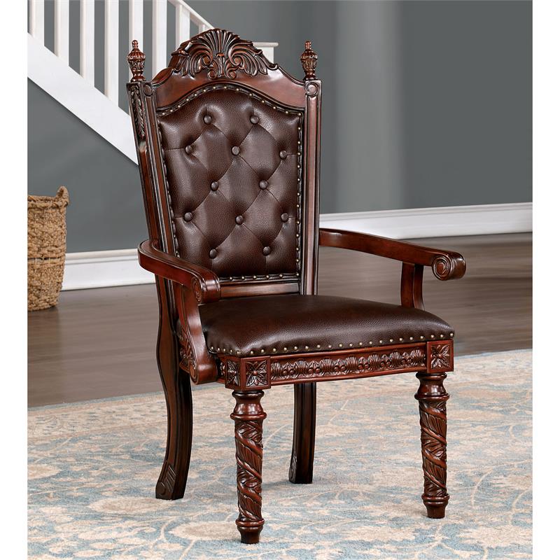 Furniture of America Dian Solid Wood Tufted Arm Chair in Cherry (Set of 2)