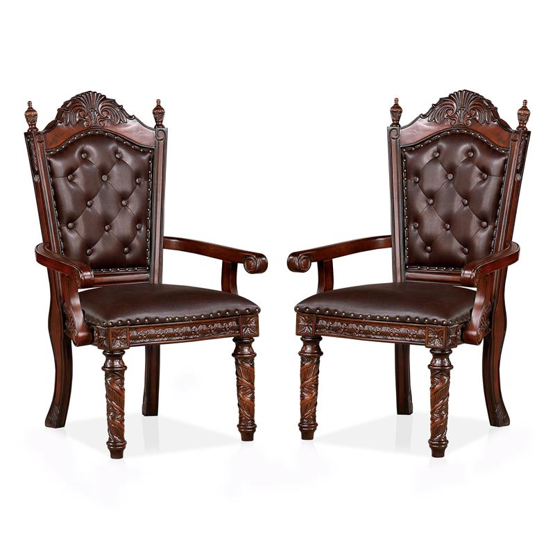 Furniture of America Dian Solid Wood Tufted Arm Chair in Cherry (Set of 2)