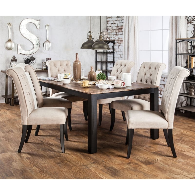 Furniture of America Kay Rustic Wood 7-Piece Dining Set in Black and Beige