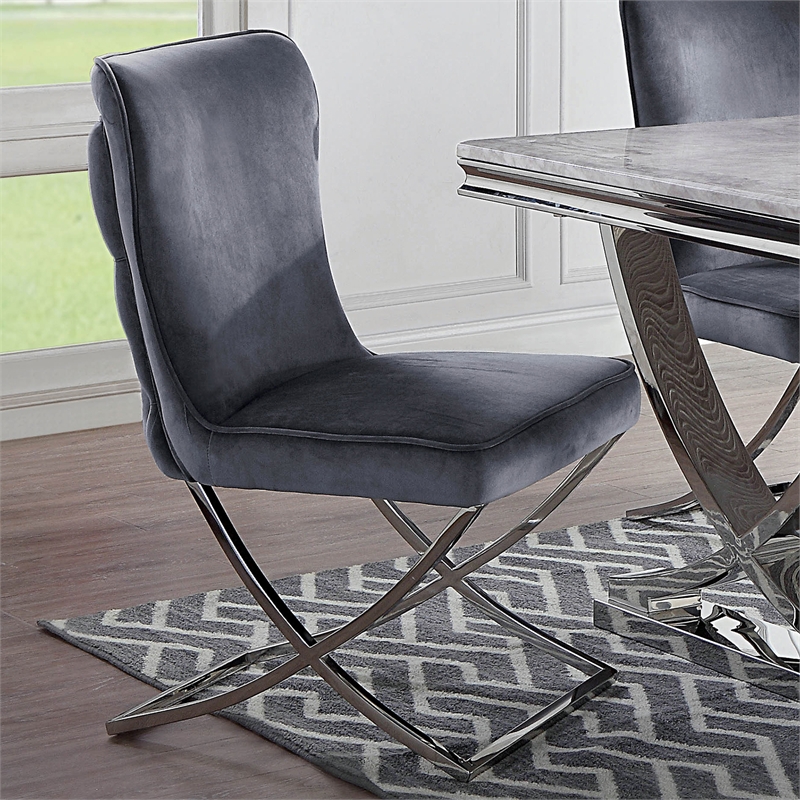 Furniture of America Loz Glam Velvet Upholstered Side Chair in Gray (Set of 2)