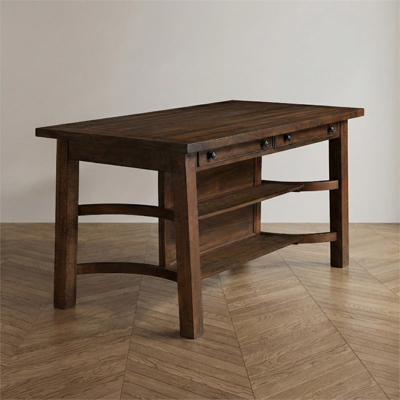 Furniture of America Ena Rustic Solid Wood Storage Counter Dining Table in Oak