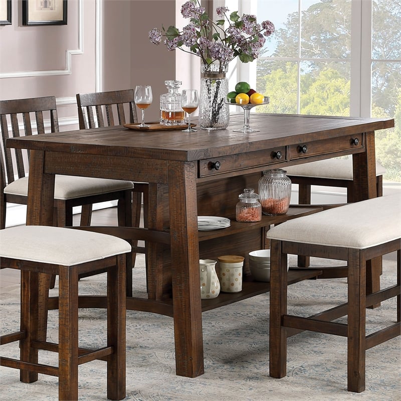 Furniture of America Ena Rustic Solid Wood Storage Counter Dining Table in Oak
