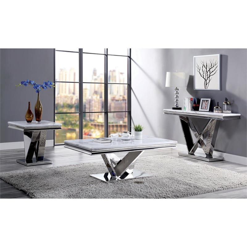 Furniture of America Mersa Glam Metal 3-Piece Coffee Table Set in Chrome