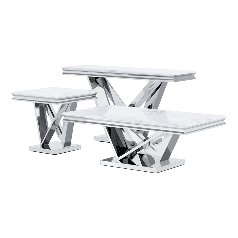 Furniture of America Mersa Glam Metal 3-Piece Coffee Table Set in Chrome
