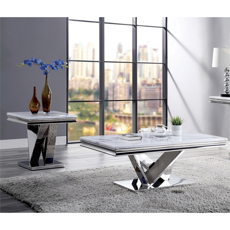 Furniture of America Mersa Glam Metal 2-Piece Coffee Table Set in Chrome