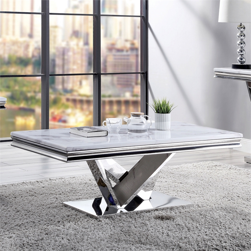 Furniture of America Mersa Glam Metal Pedestal Coffee Table in Chrome