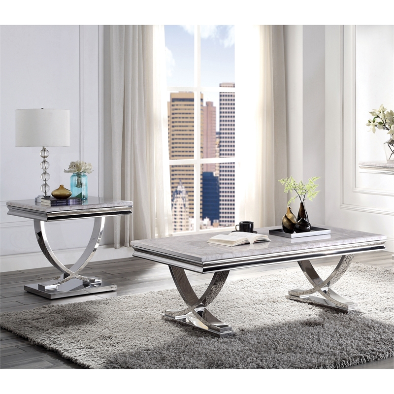 Furniture of America Linke Glam Metal 2-Piece Coffee Table Set in Chrome