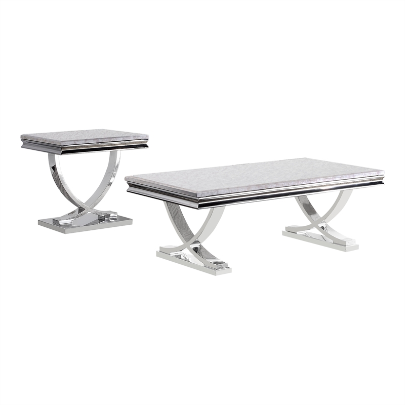 Furniture of America Linke Glam Metal 2-Piece Coffee Table Set in Chrome