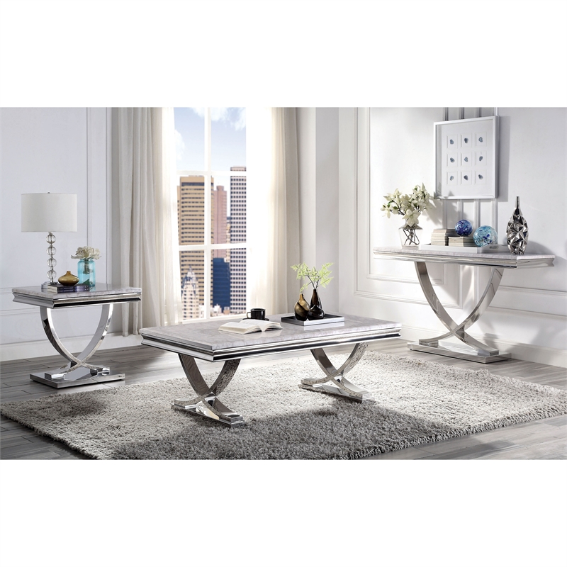 Furniture of America Linke Glam Metal 3-Piece Coffee Table Set in Chrome