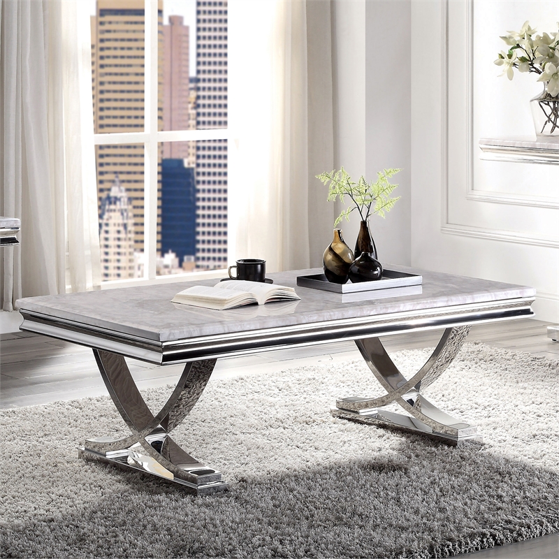 Furniture of America Linke Glam Metal Double Pedestal Coffee Table in Chrome
