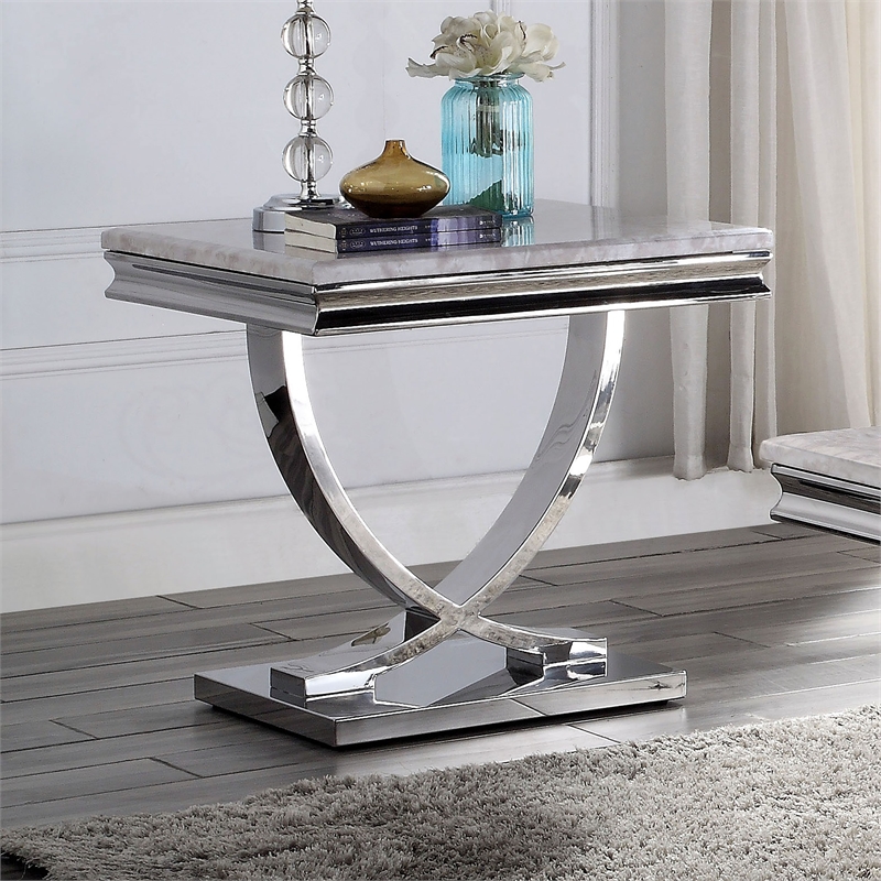 Furniture of America Linke Glam Metal Pedestal End Table in Chrome