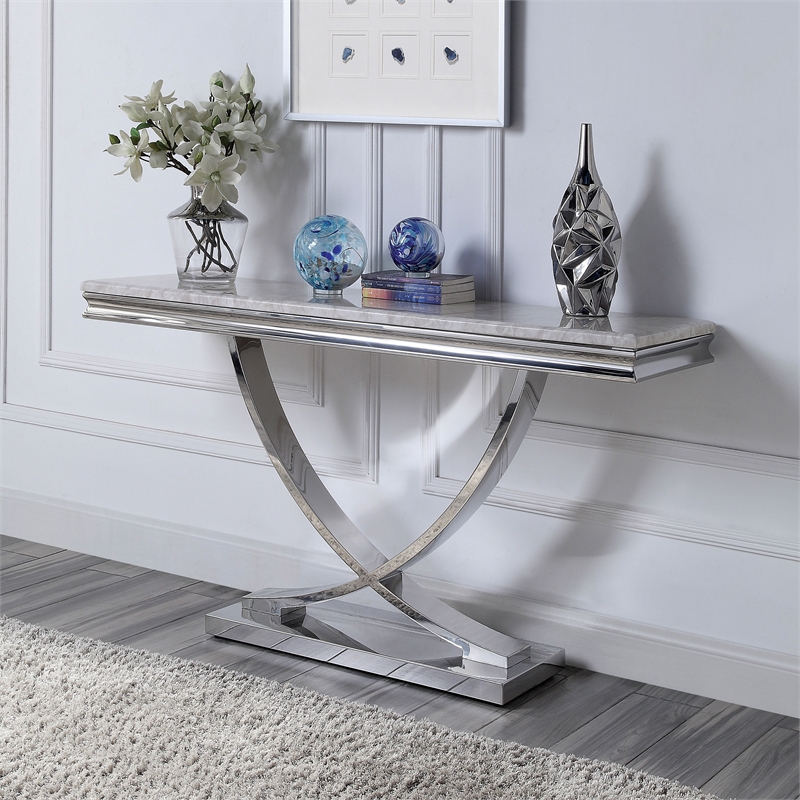 Furniture of America Linke Glam Metal Pedestal Console Table in Chrome