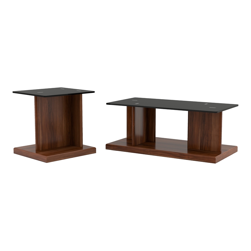 Furniture of America Thame Glass Top 2-Piece Coffee Table Set in Dark Walnut