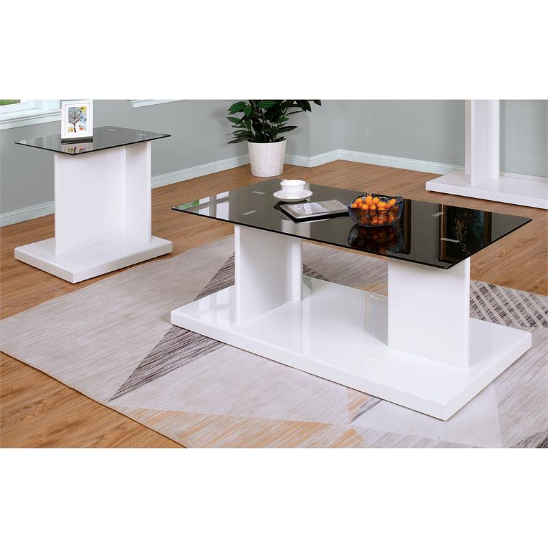 Furniture of America Thame Glass Top 2-Piece Coffee Table Set in White