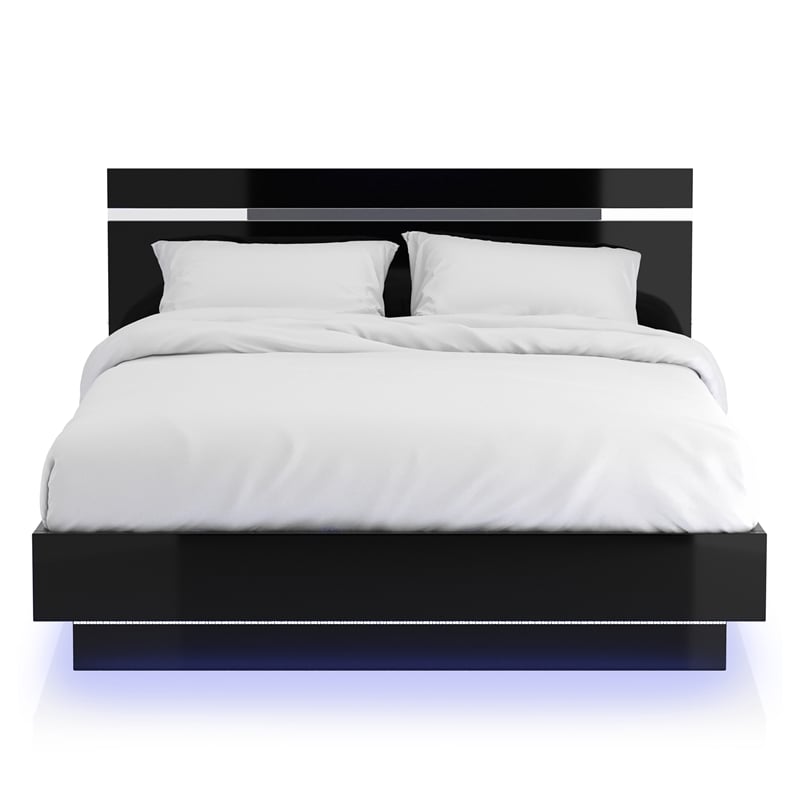 Furniture of America Malva Solid Wood Eastern King Bed with LED Light in Black