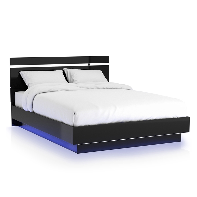 Furniture of America Malva Solid Wood Queen Bed with LED Light in Black