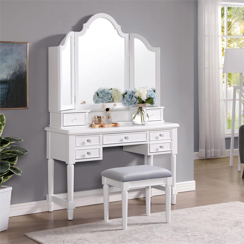Furniture of America Estae Traditional Solid Wood 3-Piece Vanity Set in White