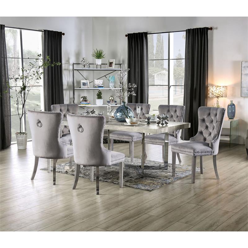 Furniture of America Hiddleston Metal 7-Piece Dining Set in Chrome and Gray