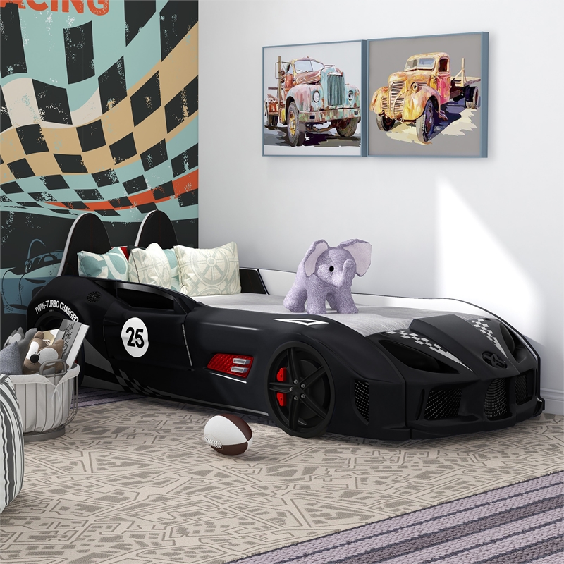 Furniture of America Sonet Plastic Twin Race Black Car Bed with LED Light