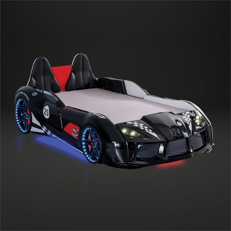 Furniture of America Sonet Plastic Twin Race Black Car Bed with LED Light