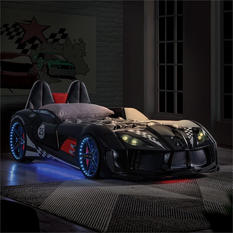 Furniture of America Sonet Plastic Twin Race Black Car Bed with LED Light