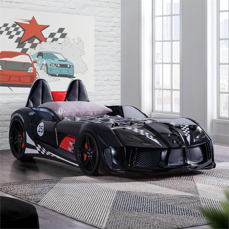 Furniture of America Sonet Plastic Twin Race Black Car Bed with LED Light