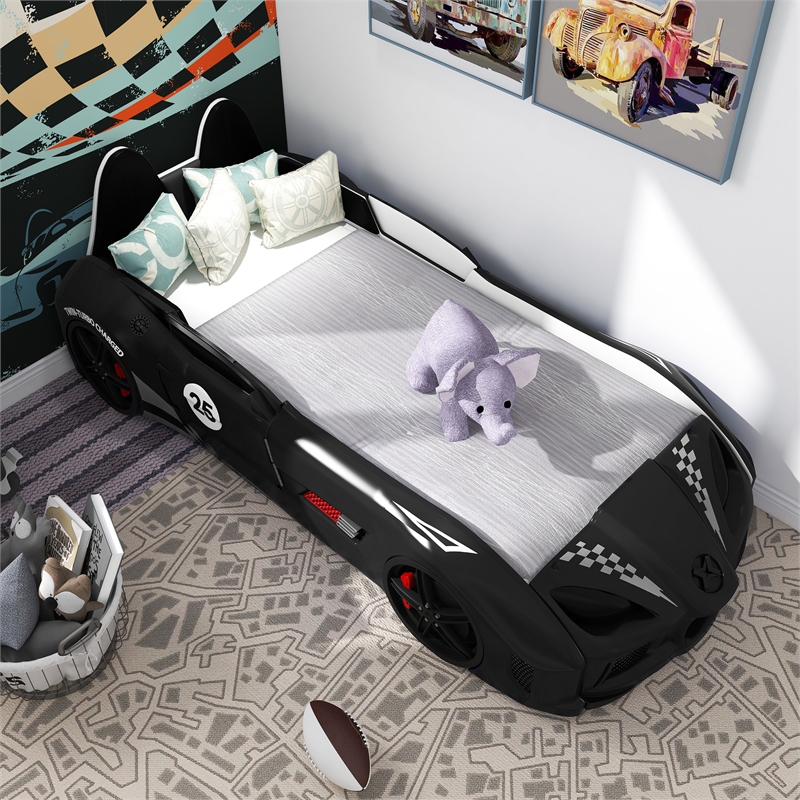 Furniture of America Sonet Plastic Twin Race Black Car Bed with LED Light