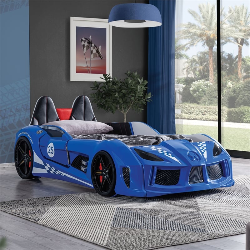 Furniture of America Sonet Plastic Twin Race Car Bed with LED Light in Blue