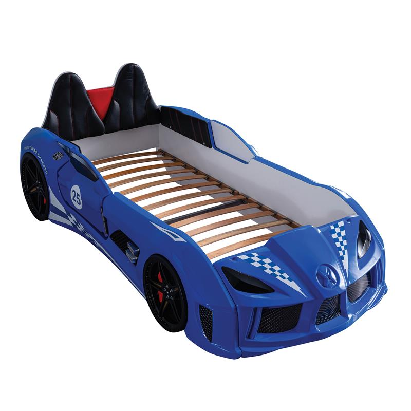 Furniture of America Sonet Plastic Twin Race Car Bed with LED Light in Blue