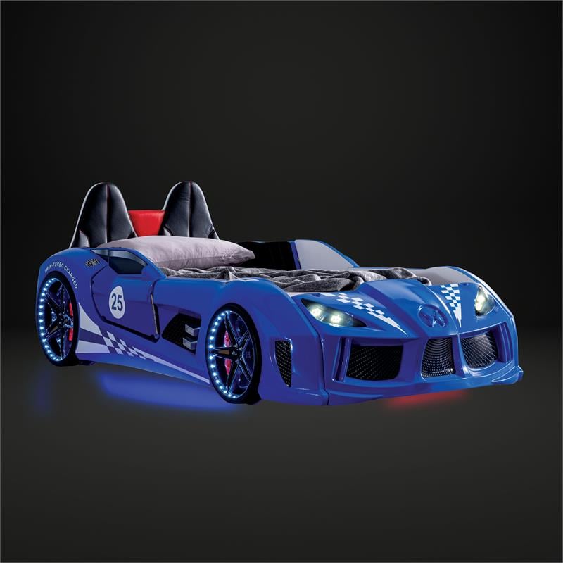 Furniture of America Sonet Plastic Twin Race Car Bed with LED Light in Blue