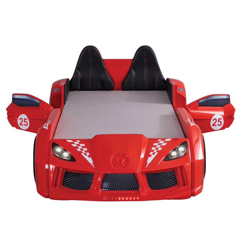 Furniture of America Sonet Plastic Twin Race Car Bed with LED Light in Red