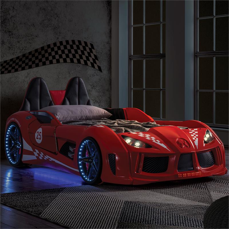 Furniture of America Sonet Plastic Twin Race Car Bed with LED Light in Red