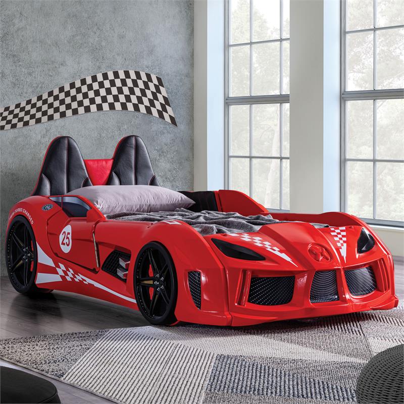 Furniture of America Sonet Plastic Twin Race Car Bed with LED Light in Red