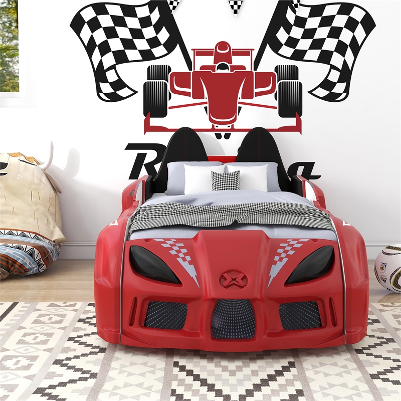 Furniture of America Sonet Plastic Twin Race Car Bed with LED Light in Red