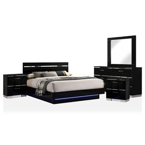 FOA Malva 5pc Black Wood Bedroom Set-King + 2 Nightstands + Dresser + Mirror